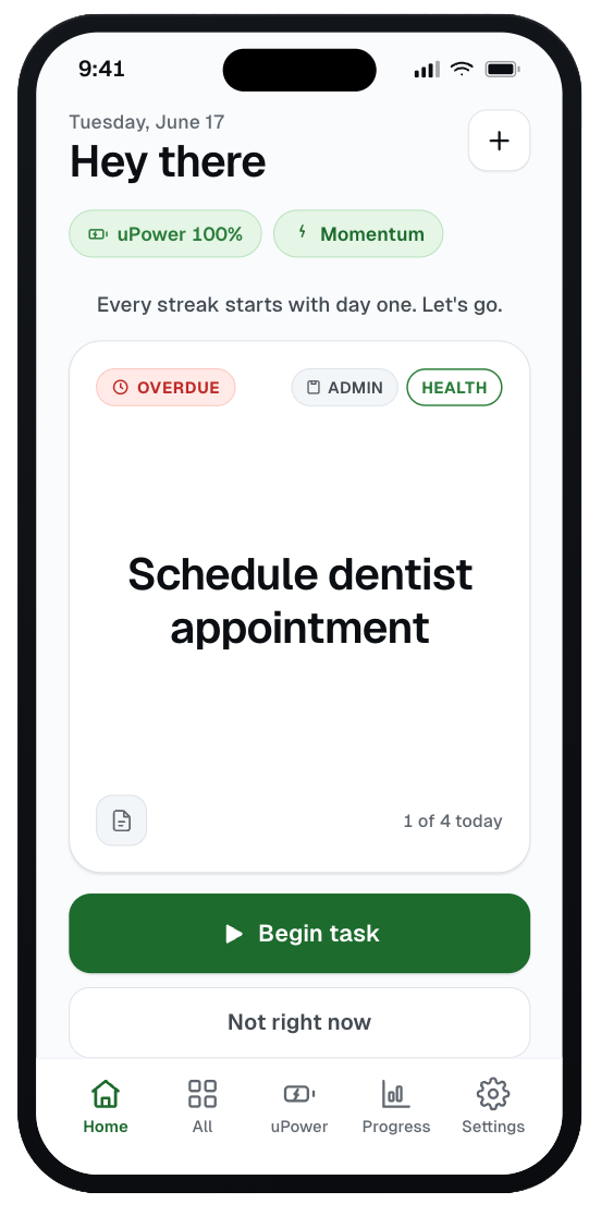 Glia Memor Home screen showing one recommended task and uPower status